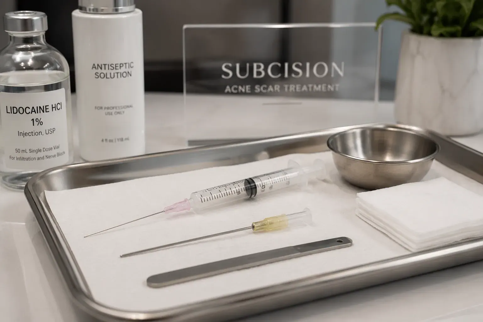 Clinical subcision treatment being performed to improve depressed acne scars at Englewood Med Spa.