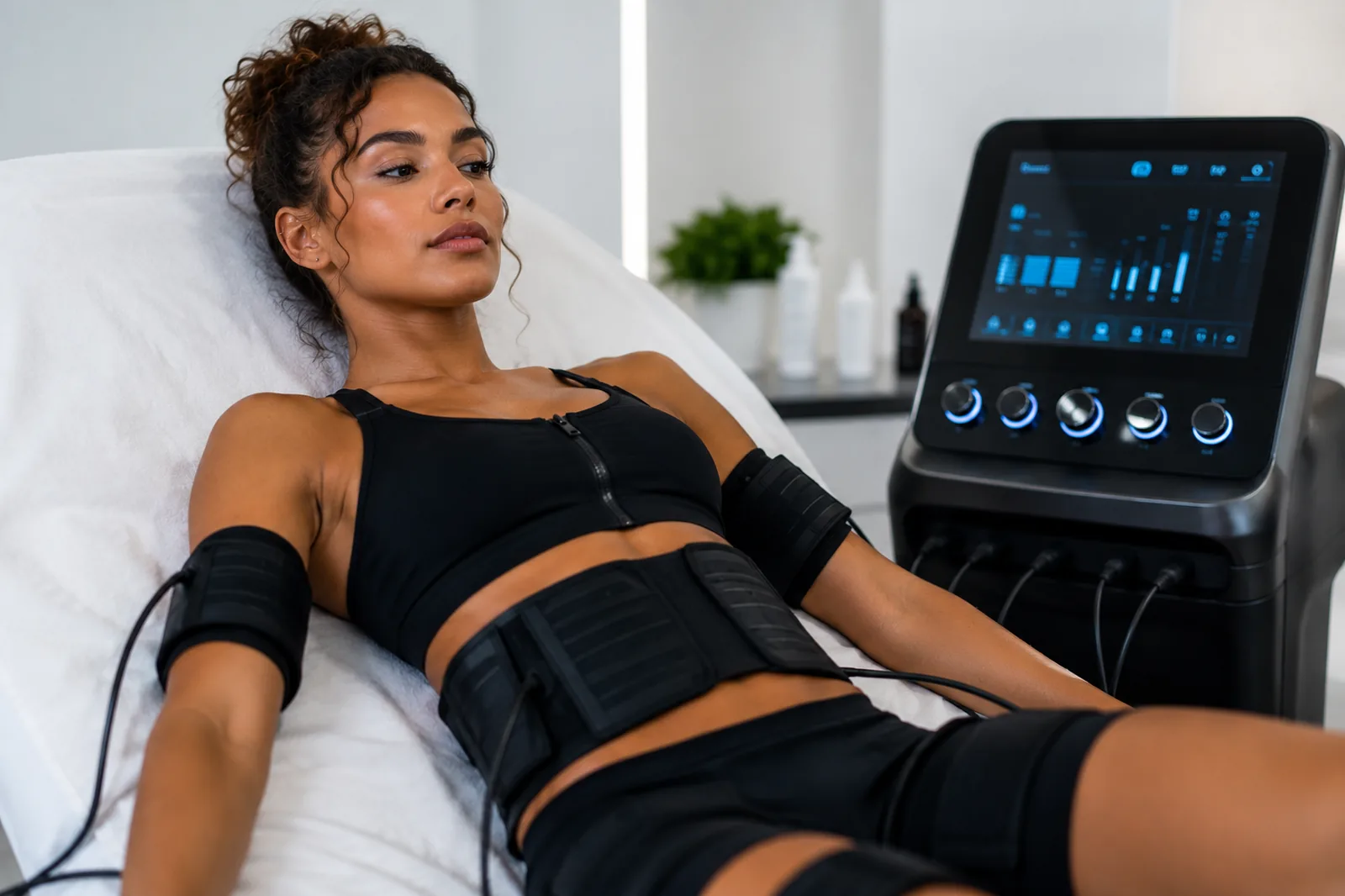 EMS Muscle Toning Treatment | Englewood Med Spa Bergen County NJ Woman receiving EMS muscle toning treatment on her abdomen, arms, and thighs at Englewood Med Spa in Bergen County, New Jersey