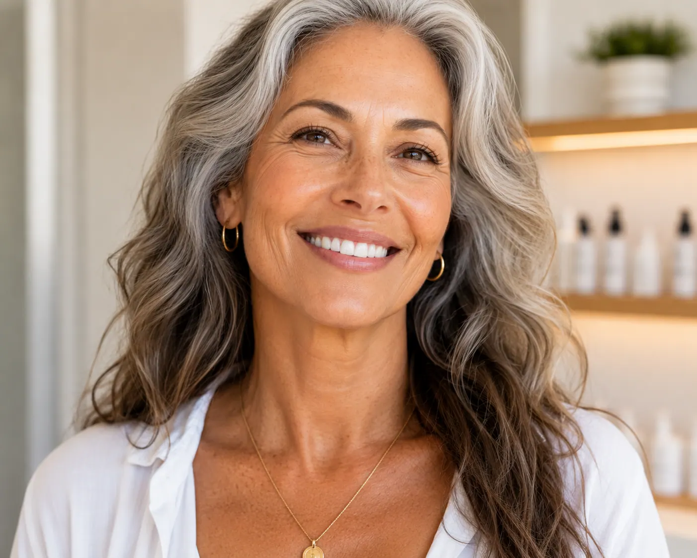 Skin Tightening Results | Englewood Med Spa Bergen County NJ Front-facing portrait of a mature woman with grey hair after non-surgical skin tightening at Englewood Med Spa, Bergen County, NJ