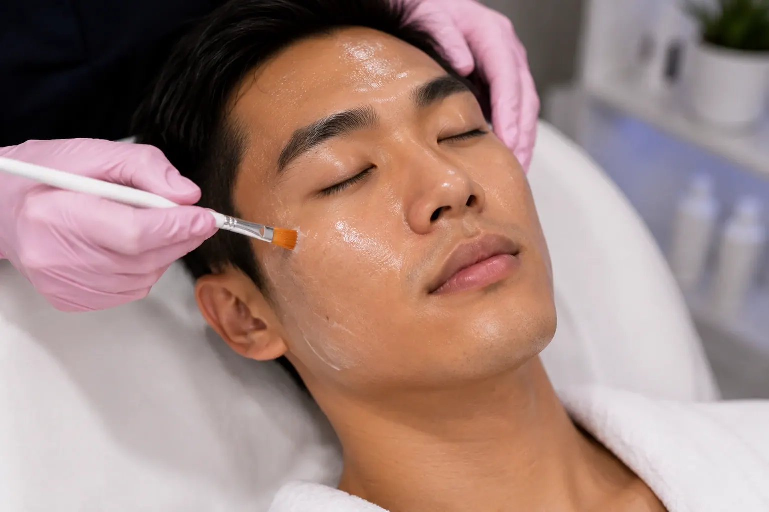 Professional Chemical Peel Treatment | Englewood Med Spa Asian man receiving a professional chemical peel treatment at Englewood Med Spa in Bergen County, New Jersey.