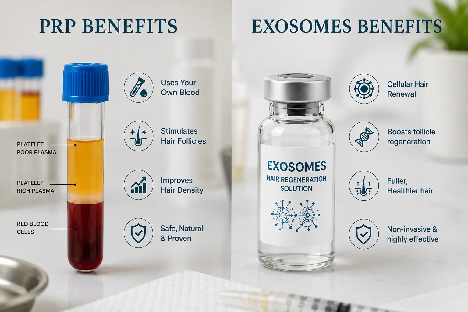 PRP vs Exosomes Hair Restoration Benefits Educational comparison of PRP and Exosome therapy benefits for hair restoration at Englewood Med Spa.