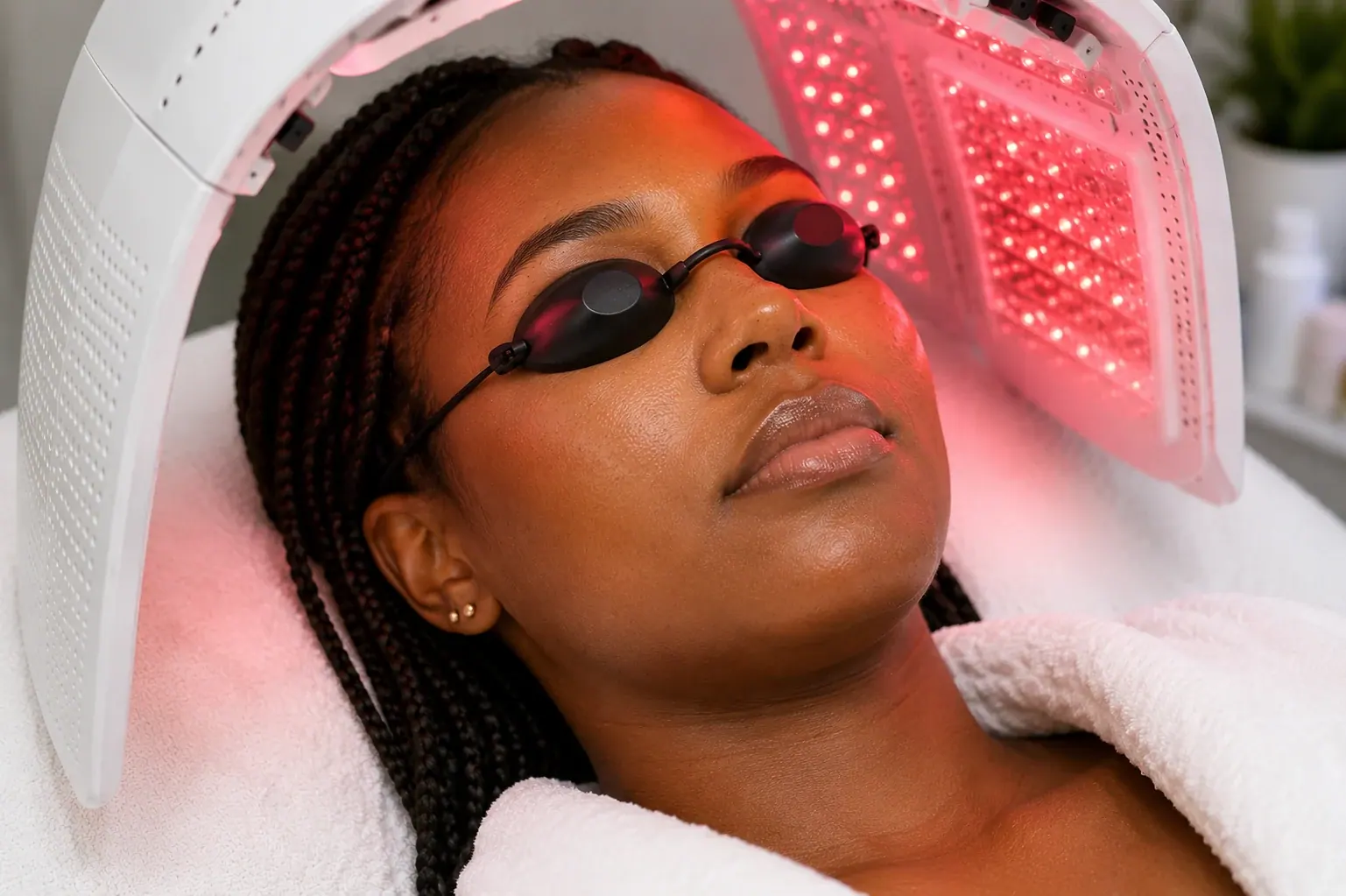 LED Light Therapy Facial | Englewood Med Spa Black woman with braids receiving LED Light Therapy facial treatment at Englewood Med Spa in Bergen County, New Jersey.