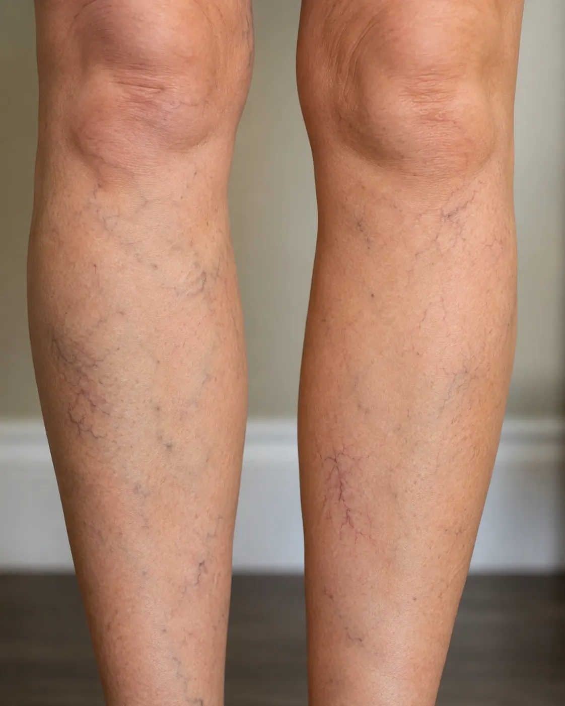 Close-up of legs showing blue, purple, and red spider veins before treatment at Englewood Med Spa in Bergen County, New Jersey.
