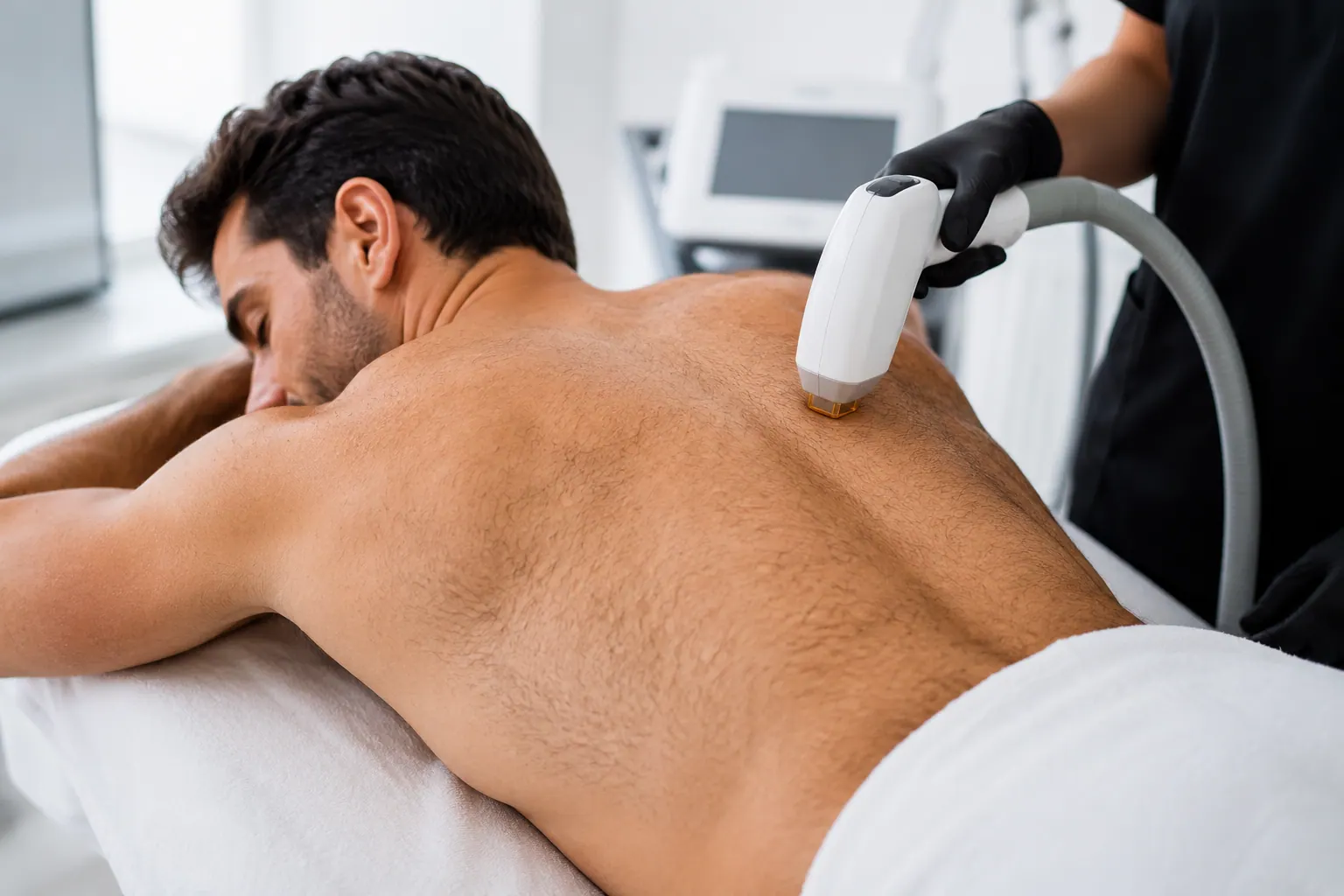 Men's Laser Hair Removal Back Treatment | Englewood Cosmetic Medical Spa, Bergen County NJ Man receiving laser hair removal on his back at Englewood Cosmetic Medical Spa in Bergen County, NJ
