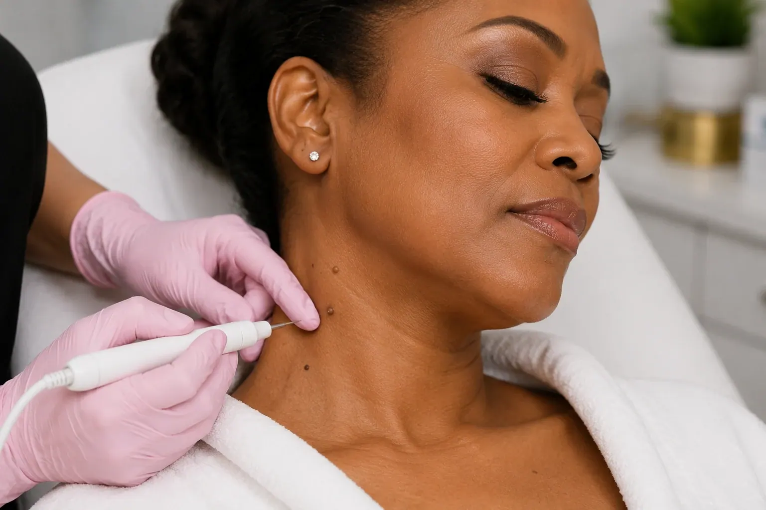 Skin Lesion Removal | Englewood Med Spa Beautiful mature Black woman receiving benign neck mole removal treatment at Englewood Med Spa in Bergen County, New Jersey.